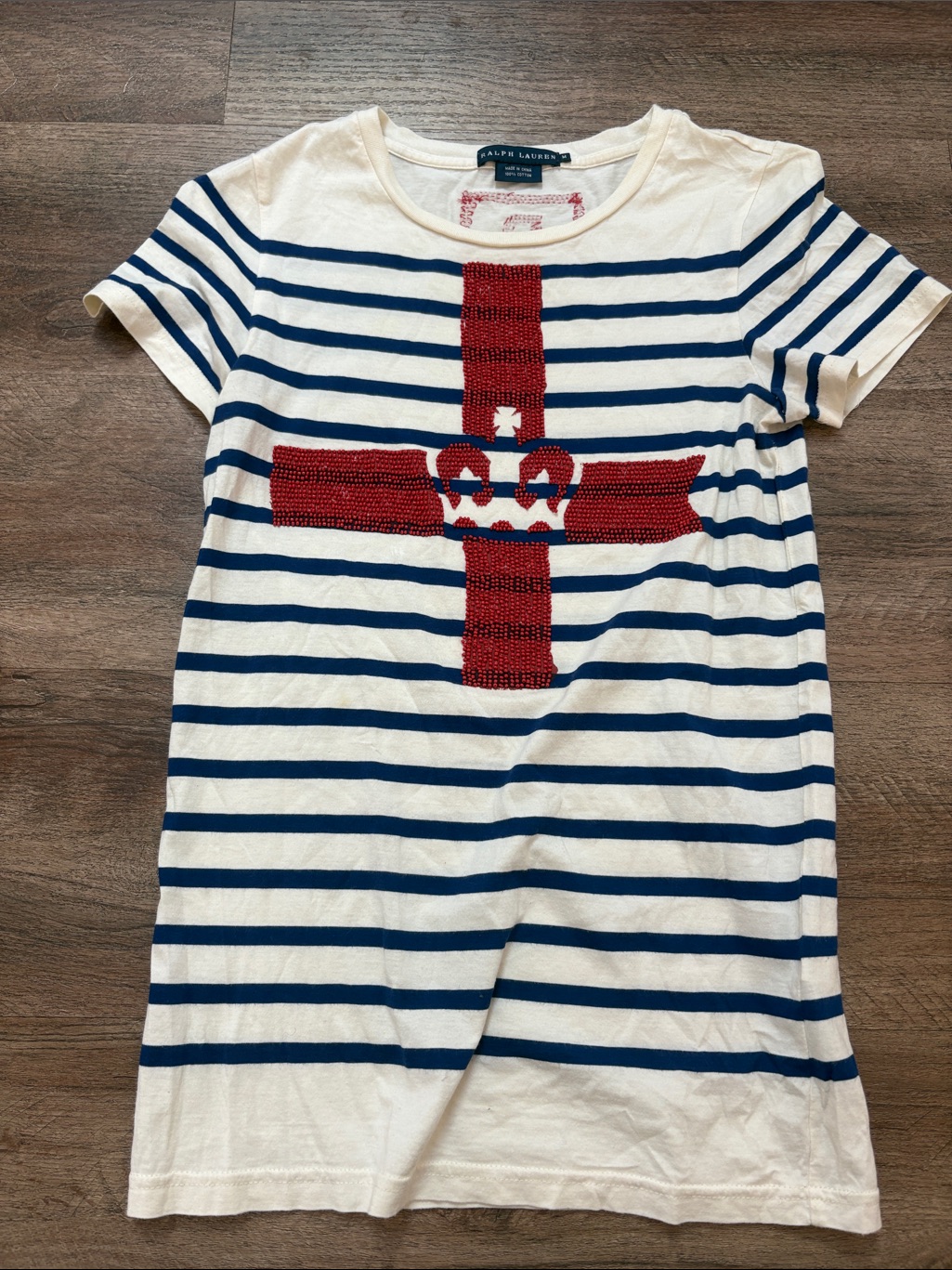 Ralph Lauren White & Navy Striped Tee With Red Beaded Cross